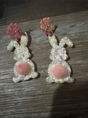 Sparkly Bunny Dangle Earrings with Pink Pom